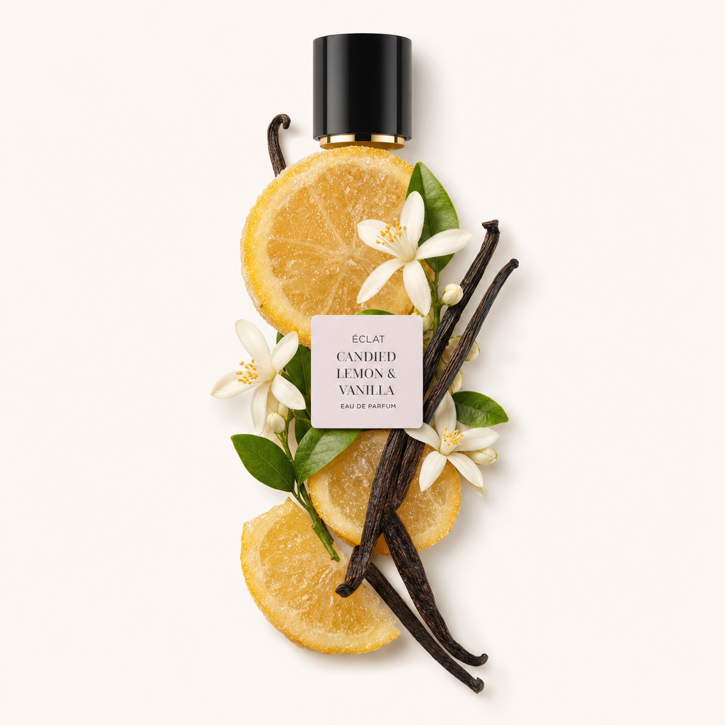 Una composizione di fette di limone candite, baccelli di vaniglia e fiori bianchi circonda un tappo nero con etichetta ÉCLAT Candied Lemon & Vanilla.