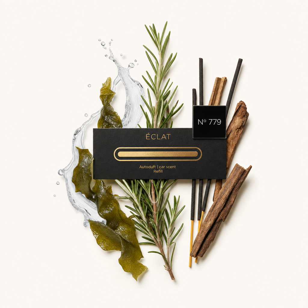 Un arrangiamento di ingredienti per fragranze auto con alghe, ramoscello di rosmarino e bastoncini di legno, con il tappo nero ÉCLAT etichettato No 779.