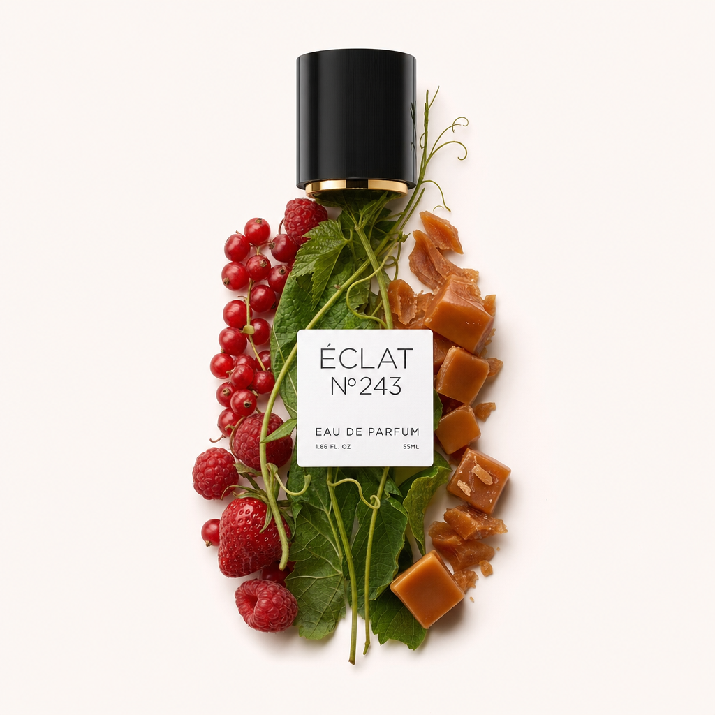 Un arrangiamento di bacche rosse fresche, foglie verdi e pezzi di caramello circonda un tappo di profumo nero con etichetta per ÉCLAT Caramel & Berries.