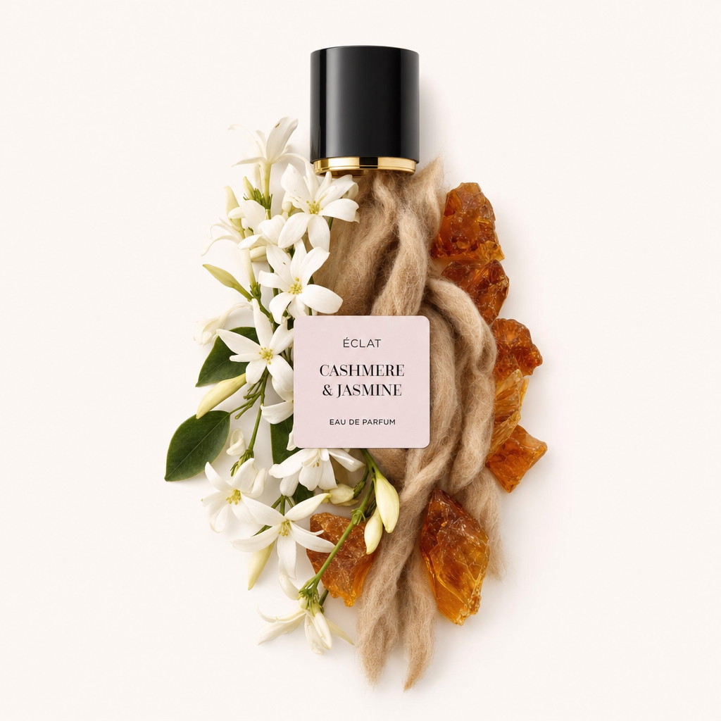 Una composizione di fiori di gelsomino, pietre d'ambra e fibre di cashmere circonda un tappo nero con dettaglio dorato, etichettato ÉCLAT Cashmere & Jasmine.