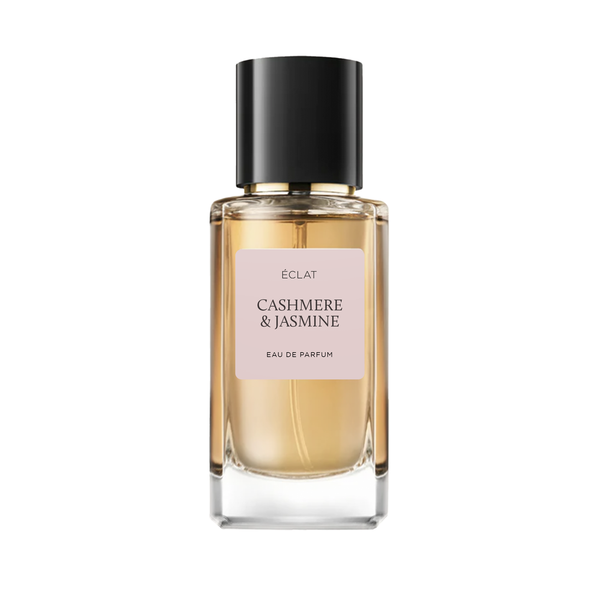 ÉCLAT Cashmere & Jasmine in un flacone di vetro sfaccettato con tappo nero opaco e etichetta rosa tenue.