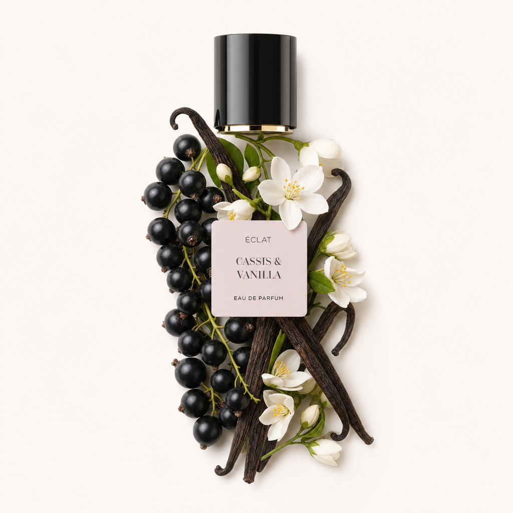 Un arrangiamento di bacche di ribes nero, baccelli di vaniglia e fiori bianchi circonda un tappo nero con etichetta per ÉCLAT Cassis & Vanilla.