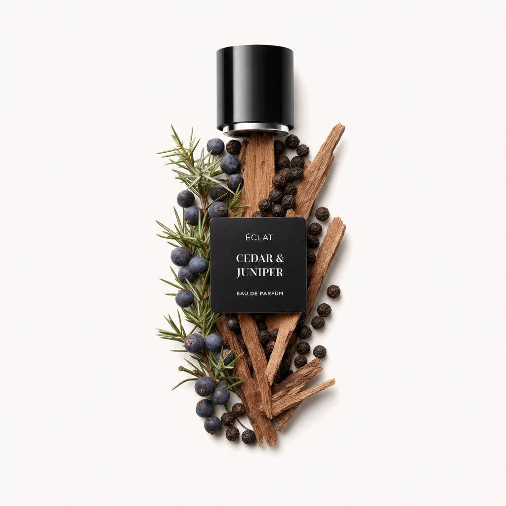 Una composizione di bacche di ginepro, pezzi di legno di cedro e grani di pepe circonda un tappo nero con etichetta ÉCLAT Cedar & Juniper.