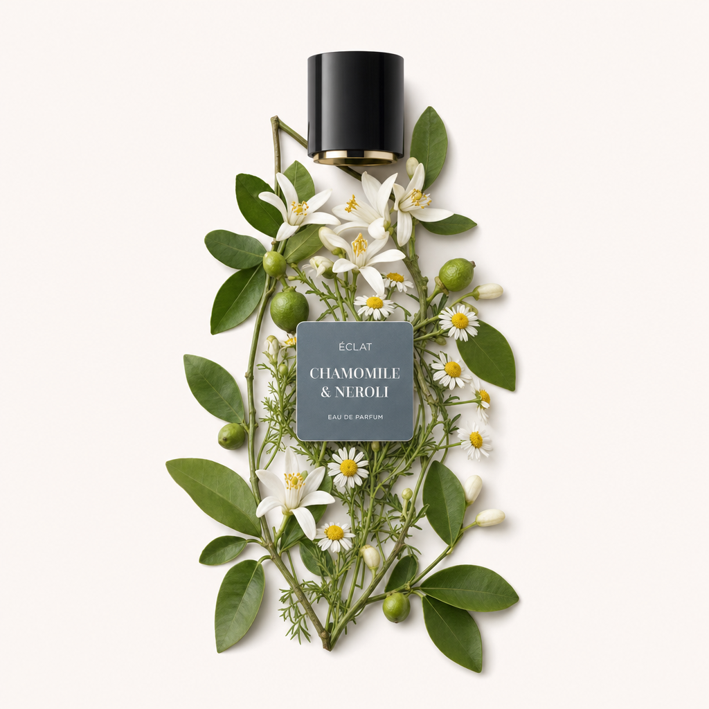 Un arrangiamento di fiori di camomilla e rami di neroli che circondano elegantemente un cappuccio nero con etichetta ÉCLAT Chamomile & Neroli.