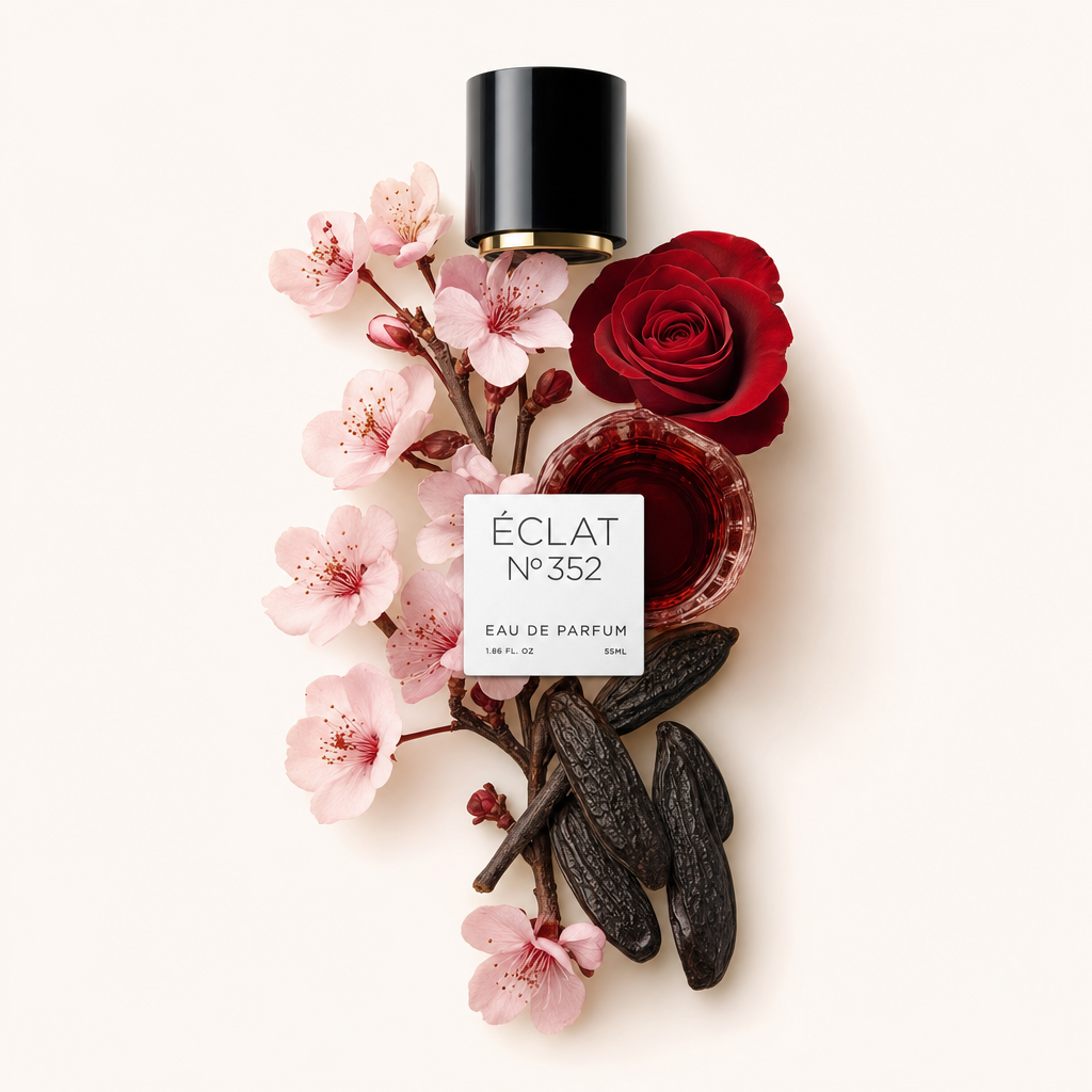 Un arrangiamento di fiori di ciliegio, una rosa rossa e fagioli tonka circonda un tappo nero con etichetta ÉCLAT.