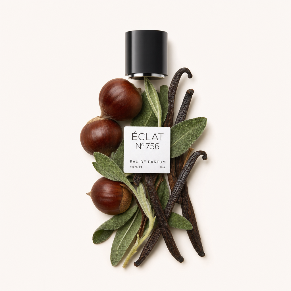 Una composizione di castagne, baccelli di vaniglia e foglie di salvia con un tappo nero etichettato ÉCLAT, che mostra l'essenza di ÉCLAT Chestnut & Vanilla.