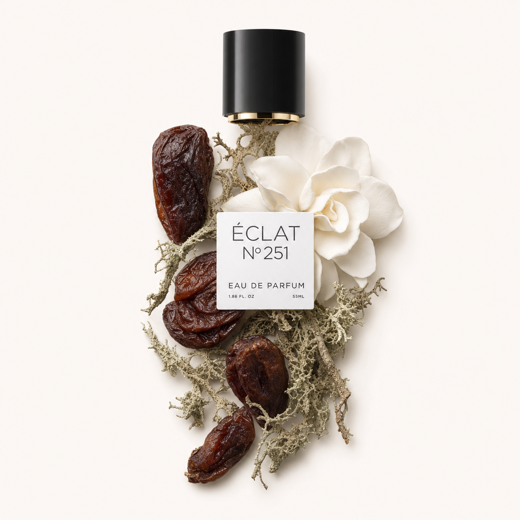 Un elegante arrangiamento di frutta secca e muschio, accompagnato da un fiore bianco, circonda un tappo nero con etichetta di ÉCLAT Chypre Dried Fruits.