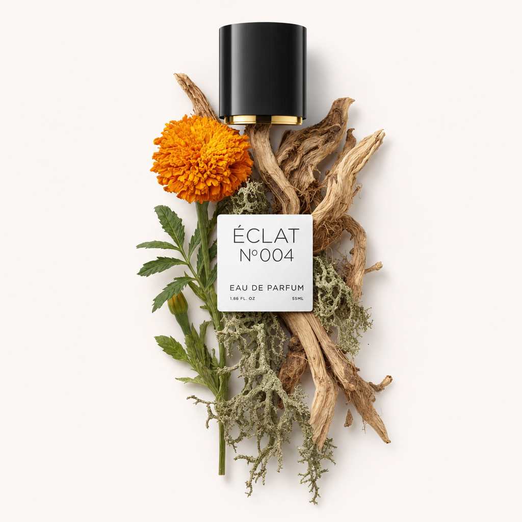 Un elegante arrangiamento di fiori di calendula arancioni, foglie verdi, legno intrecciato e muschio circonda un tappo nero con un'etichetta che mostra ÉCLAT Chypre Marigold.