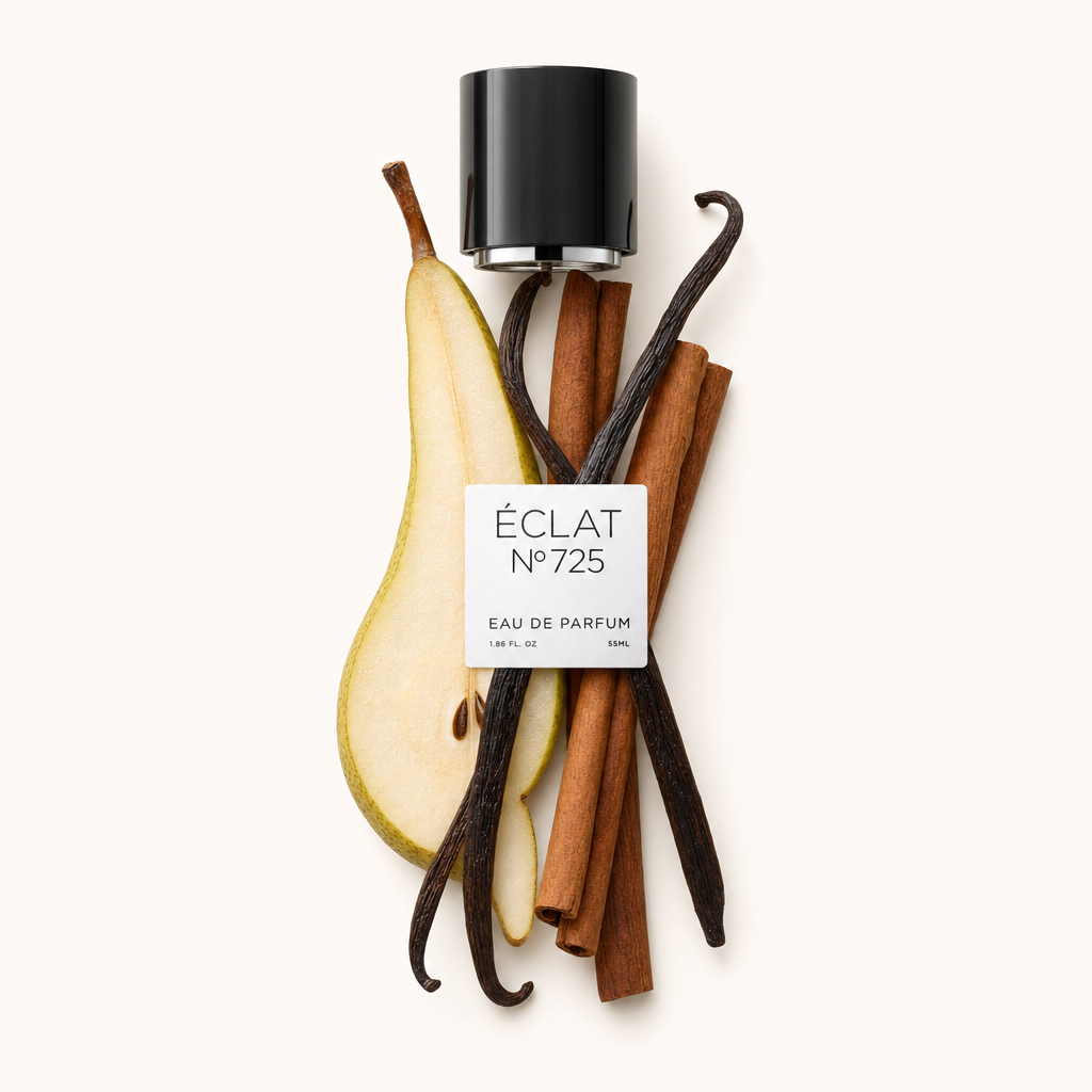 Un arrangiamento di fette di pera, bastoncini di cannella e baccelli di vaniglia circonda un tappo nero con etichetta per ÉCLAT Cinnamon & Pear.