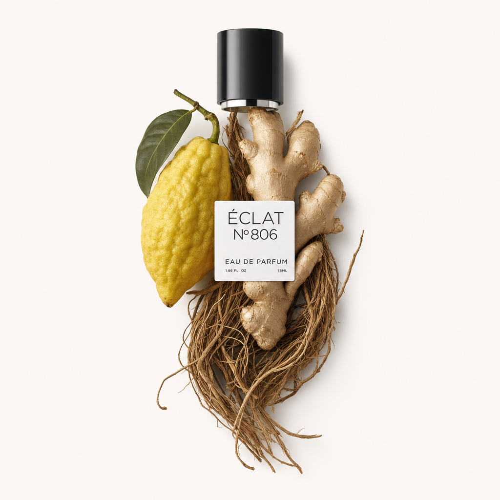 Una natura morta accuratamente disposta di vero cedro e zenzero, accompagnata dal tappo nero originale ÉCLAT con etichetta.