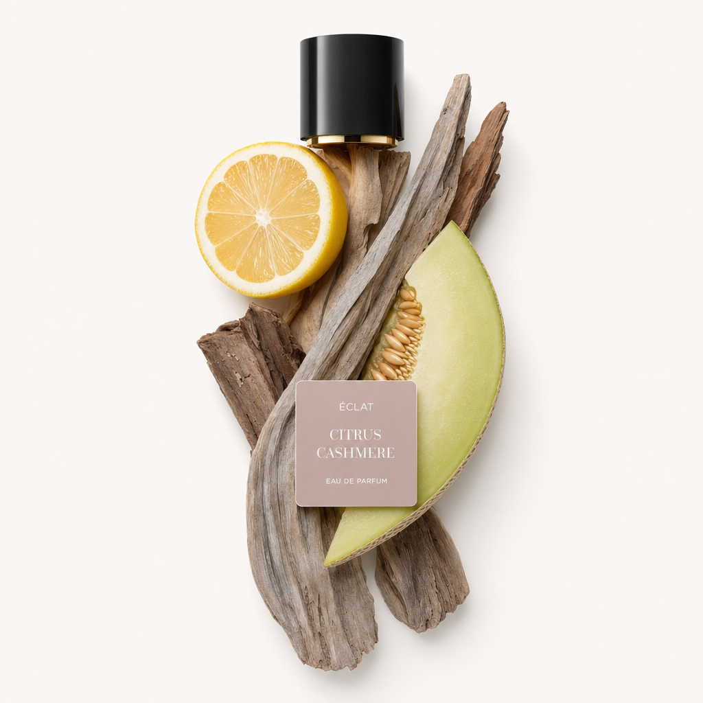 Una composizione di fette di agrumi e un pezzo di melone su legno flottante, che mostra le note di fragranza di ÉCLAT Citrus Cashmere sotto un tappo nero con etichetta.