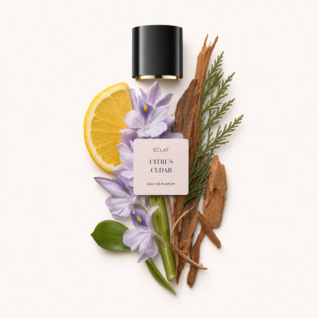 Un arrangiamento artistico di fette di agrumi, fiori viola in fiore, legno di cedro e verde, con un tappo nero etichettato ÉCLAT in cima.