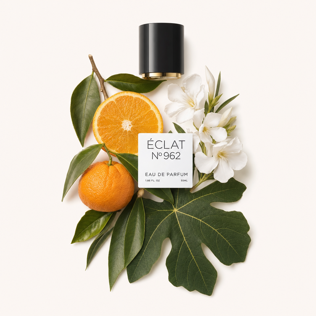 Una composizione di fette d'arancia, mandarino, foglie di fico e fiori bianchi circonda il tappo nero di ÉCLAT Citrus Fig Leaf.
