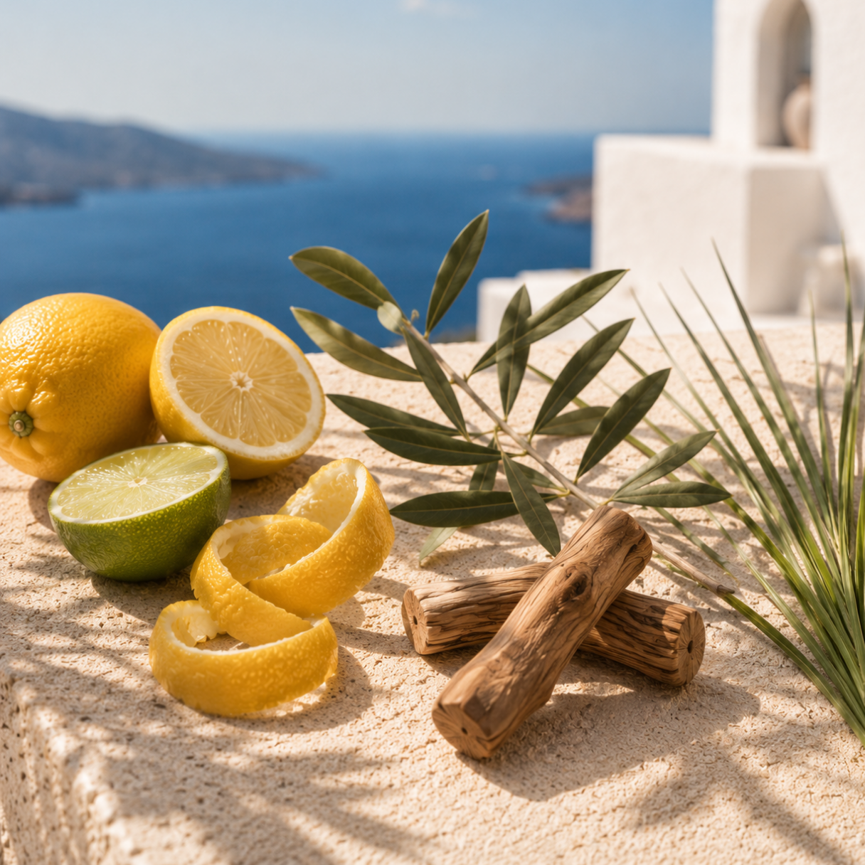 Limone, lime e pezzi di legno d'olivo con foglie su una superficie di pietra con vista sul mare.
