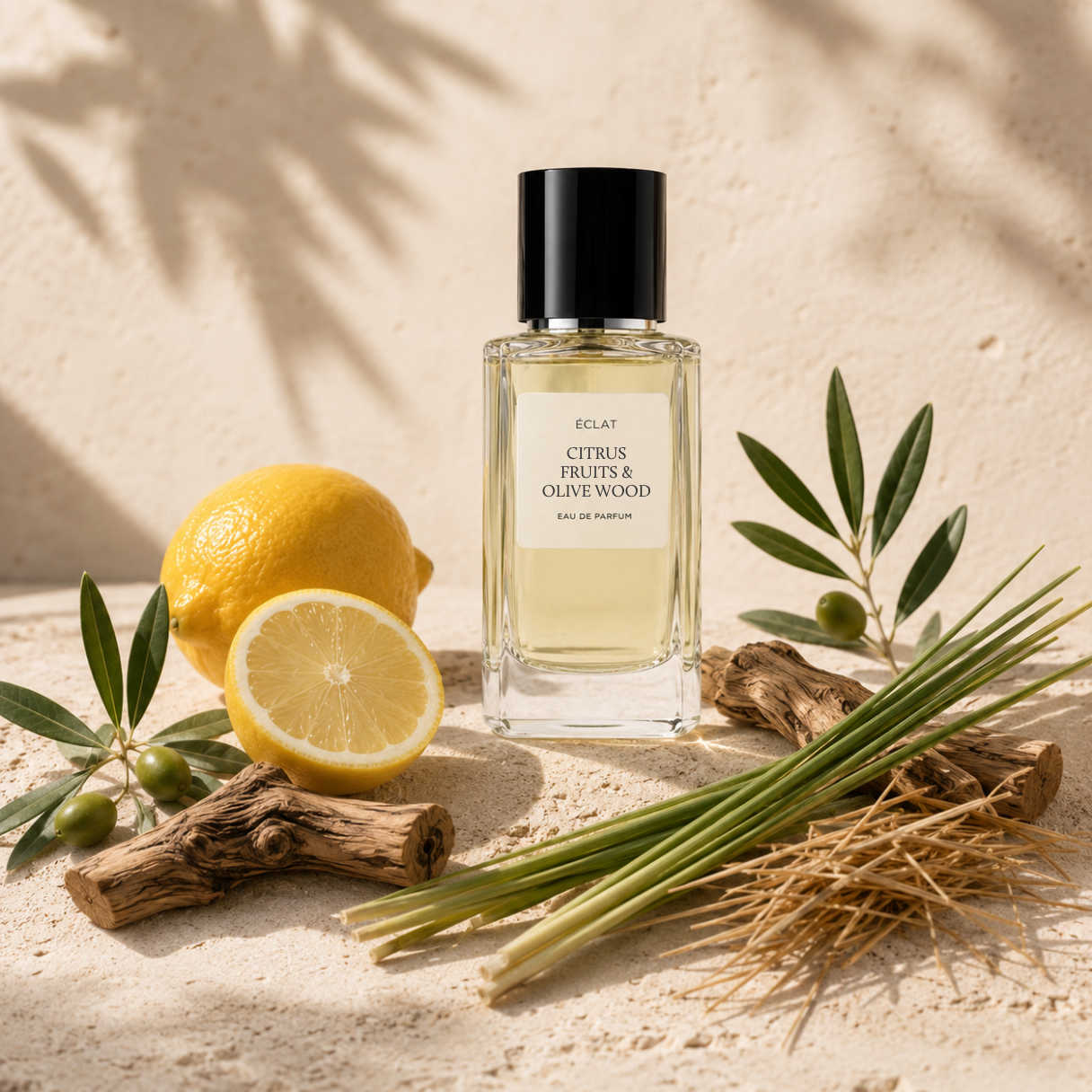 Un flacone di vetro sfaccettato del profumo ÉCLAT Citrus Fruits & Olive Wood è tra limoni freschi, rami d'olivo e citronella.