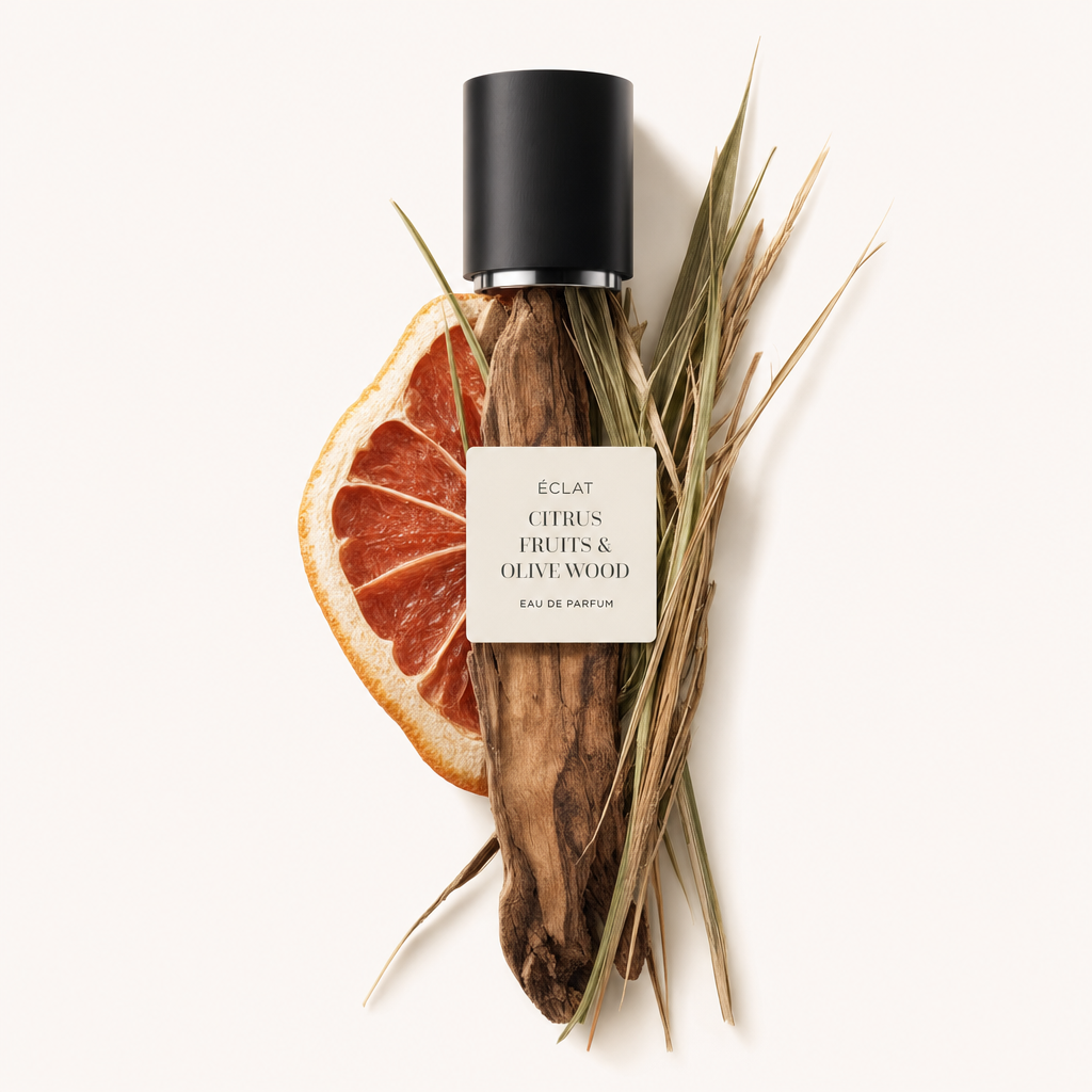 Un arrangiamento di fetta di pompelmo essiccato, legno d'olivo e erbe circonda il tappo nero con etichetta di ÉCLAT Citrus Fruits & Olive Wood.