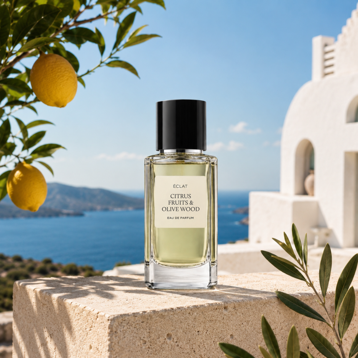 Una bottiglia di vetro sfaccettato di ÉCLAT Citrus Fruits & Olive Wood con tappo nero, su uno sfondo costiero con alberi di limone.