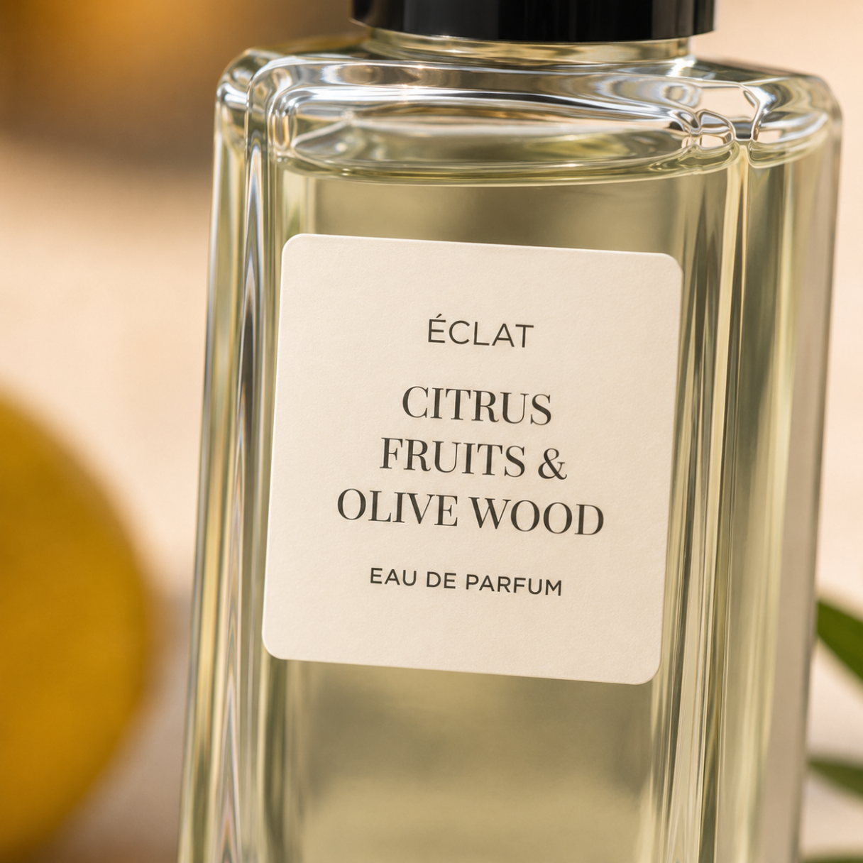 Bottiglia di vetro sfaccettato con etichetta opaca che mostra ÉCLAT Citrus Fruits & Olive Wood.