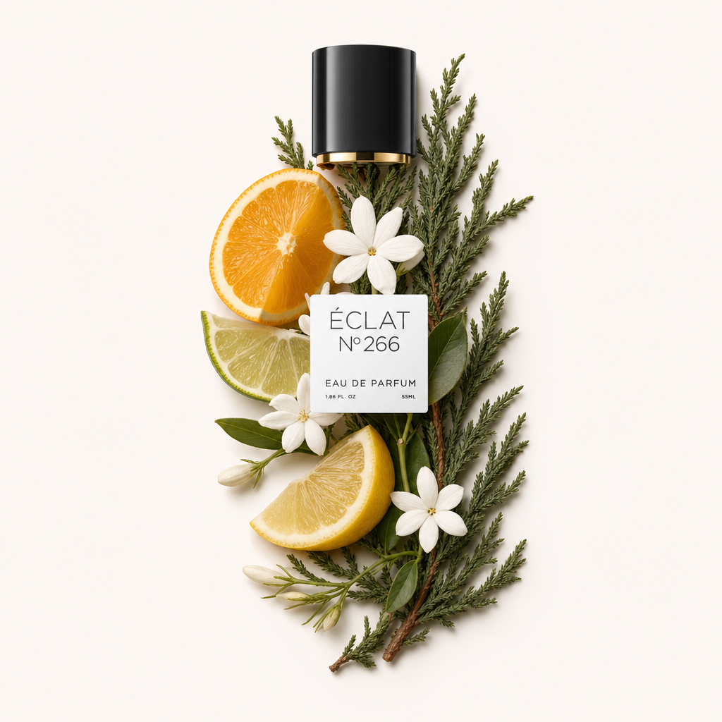 Una composizione di agrumi e rami di pino, accentuata con fiori bianchi, circonda un tappo nero con etichetta per ÉCLAT Citrus Fruits & Pine.