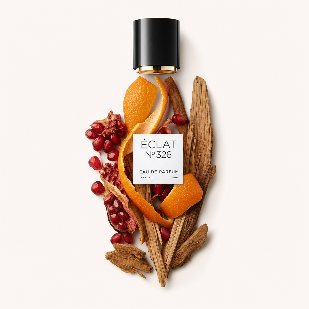 Un arrangiamento di scorze d'arancia, semi di melograno e bastoncini di legno circonda un tappo nero con etichetta per ÉCLAT Citrus Grenadine.