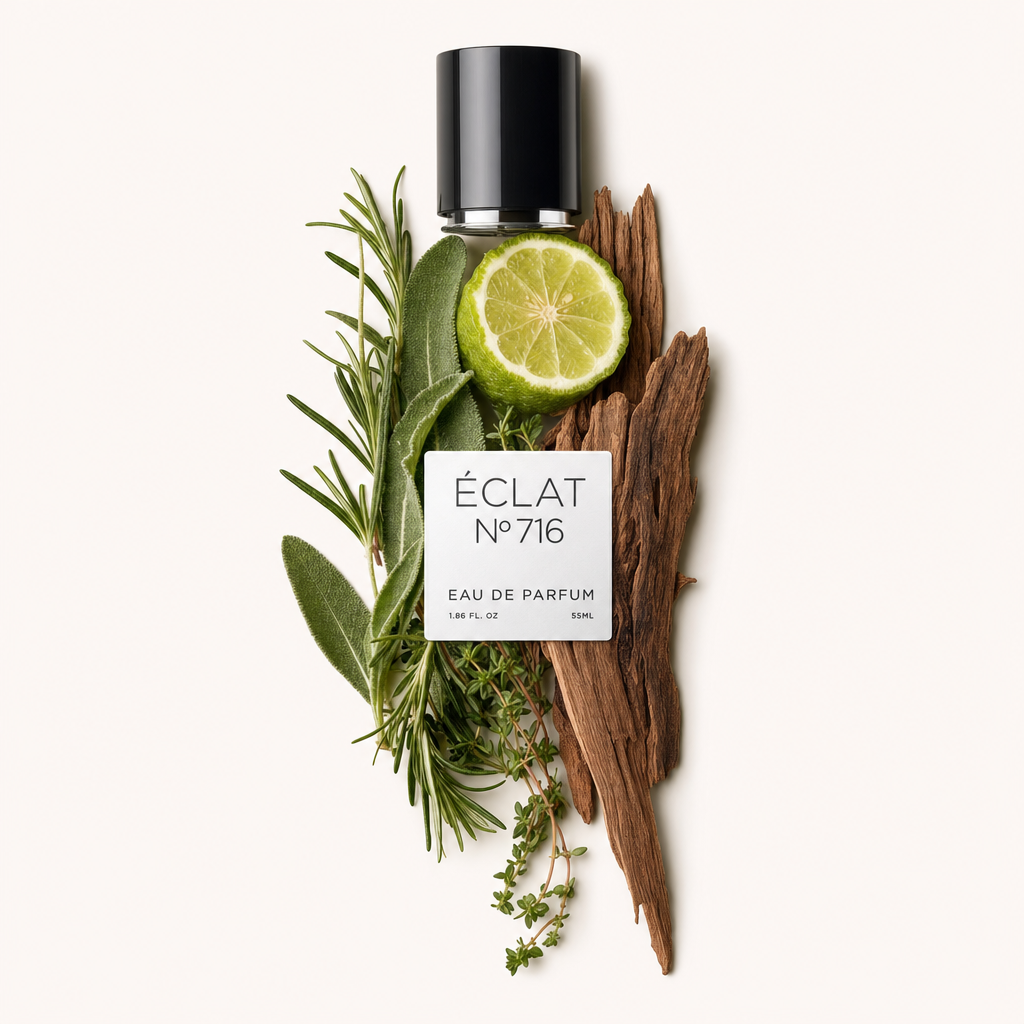 Un arrangiamento di rosmarino fresco, salvia, lime, timo e note legnose circonda un tappo nero con etichetta che mostra ÉCLAT Citrus Herbs.