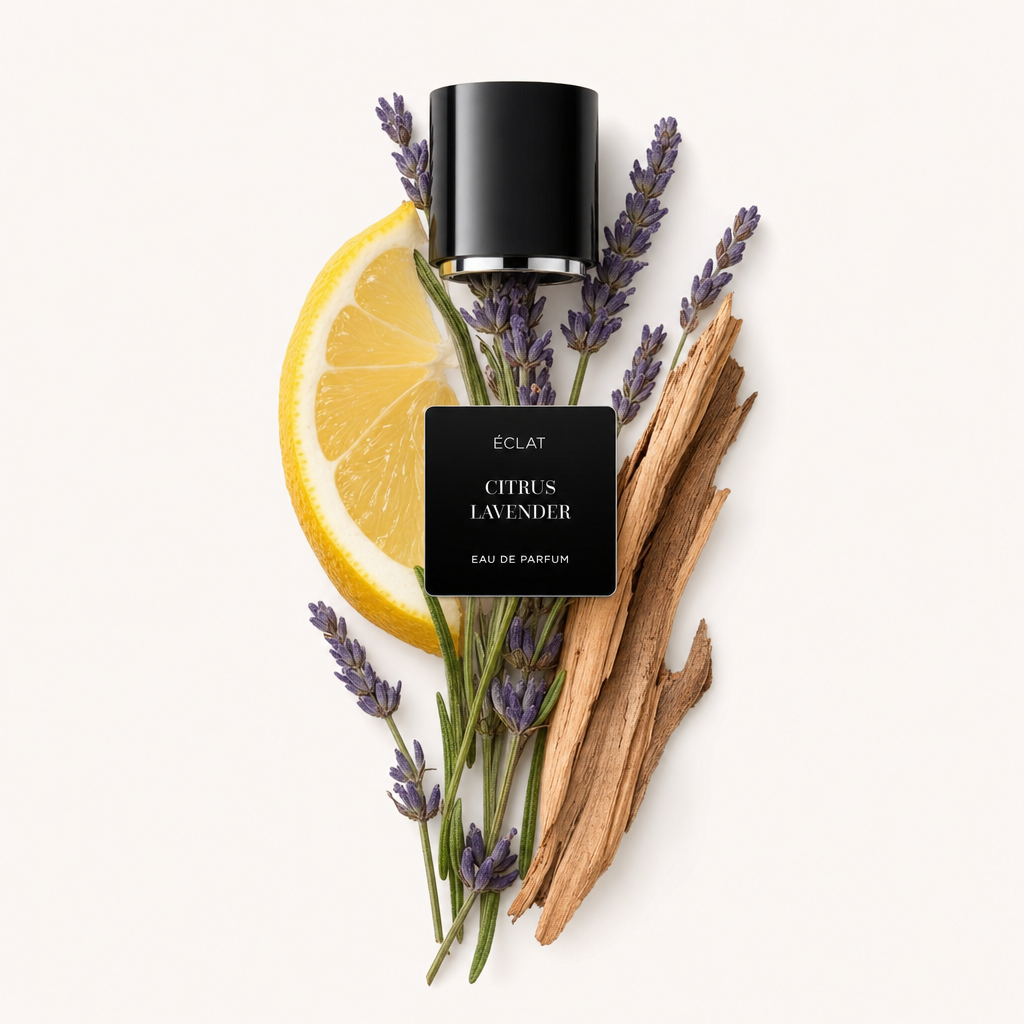 Un arrangiamento di fette di limone, rametti di lavanda e pezzi di legno circonda un tappo nero ÉCLAT con etichetta 'Citrus Lavender'.