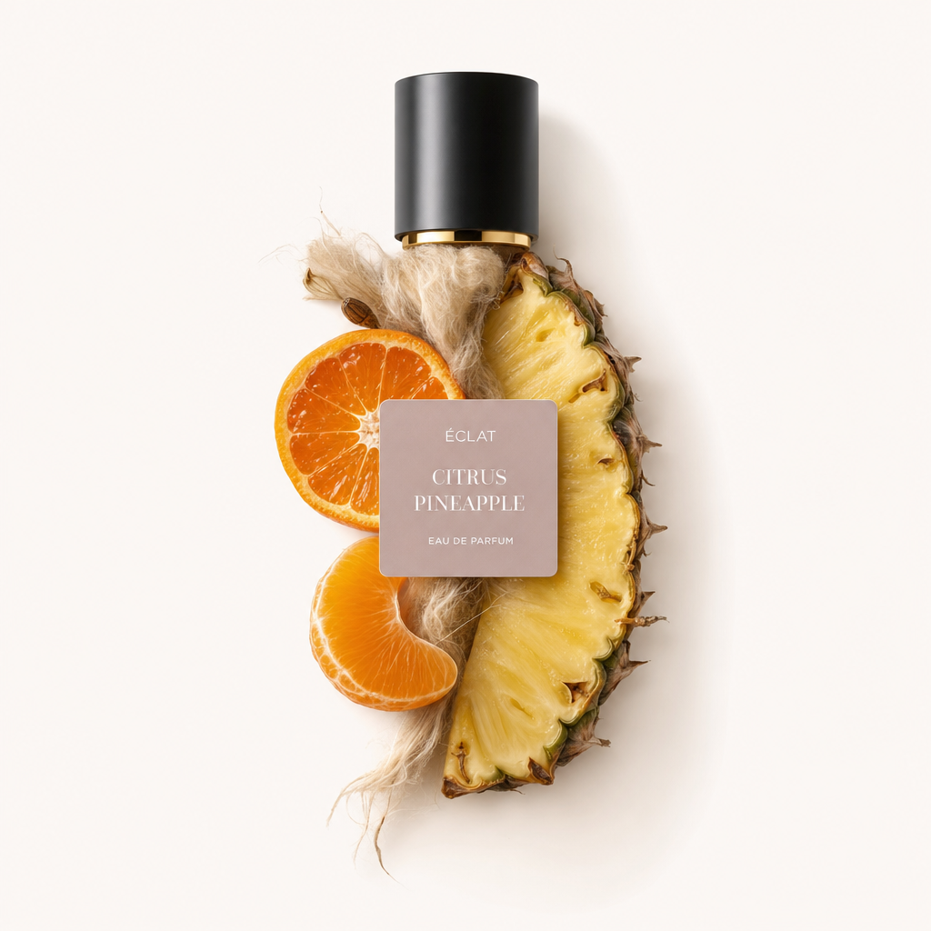 Composizione di fette di ananas e segmenti di arancia con un tappo nero etichettato ÉCLAT Citrus Pineapple.