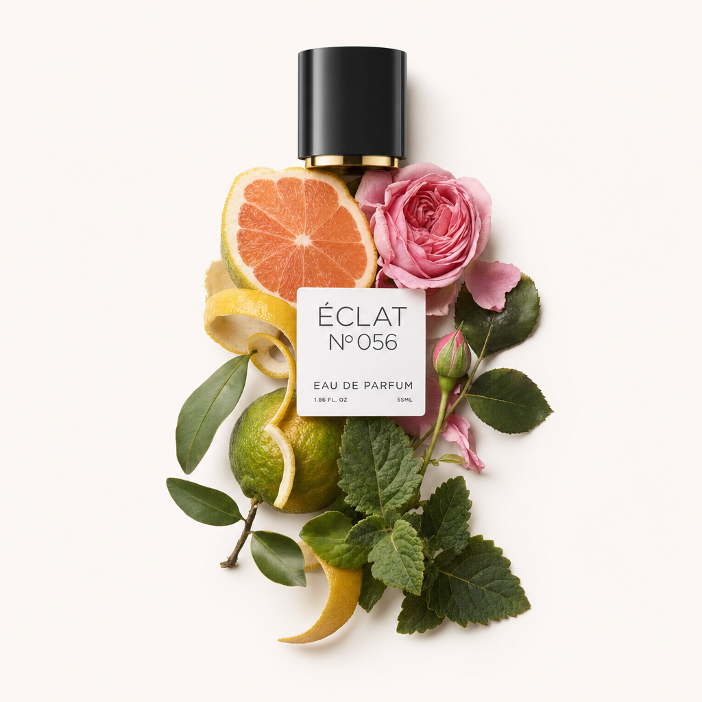 Un tappo nero con etichetta si trova su un arrangiamento di elementi di agrumi e rosa, con pompelmo, rosa, scorza di limone e foglie verdi per ÉCLAT Citrus Rose.