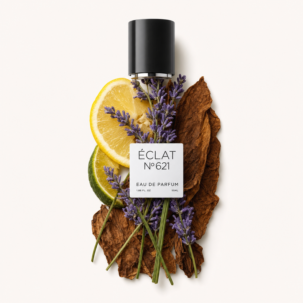 Una disposizione artistica di fette di limone, rametti di lavanda, lime e foglie secche con un tappo nero recante l'etichetta ÉCLAT.