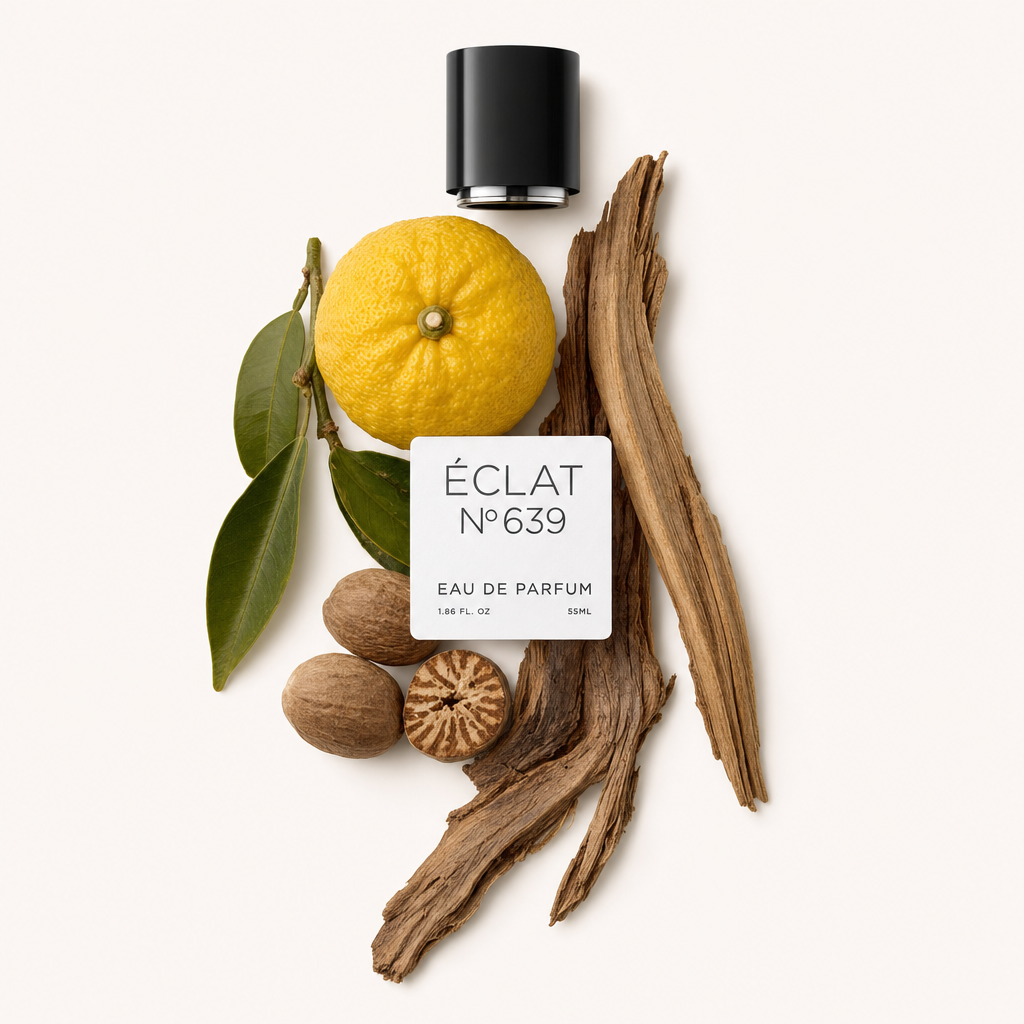 Un arrangiamento di un limone intero, foglie verdi, noce moscata intera e tagliata e pezzi di sandalo, con un tappo nero che presenta l'etichetta ÉCLAT Citrus Sandalwood.