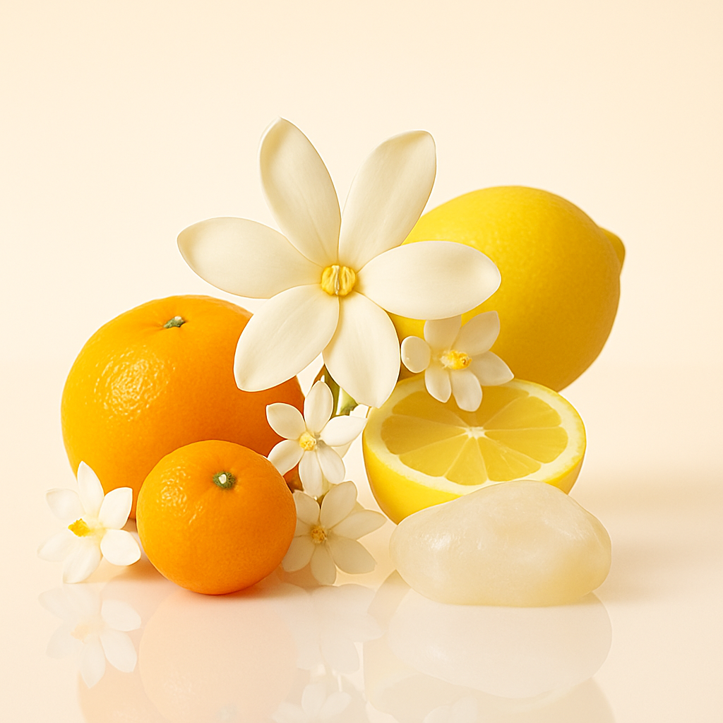 Una disposizione di limone, arancia e fiori su una superficie riflettente, simbolizzando la fragranza ÉCLAT Citrus Tiaré.