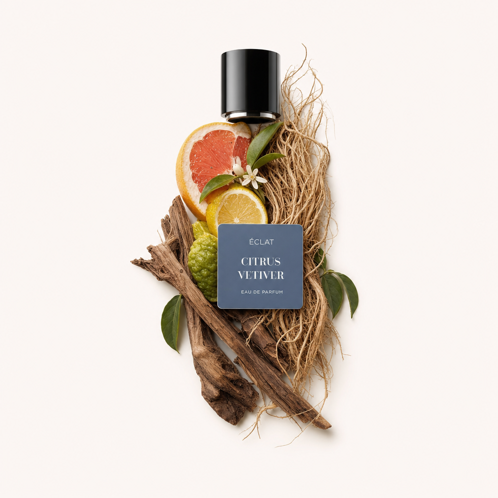 Una natura morta accuratamente disposta con pompelmo, fette d'arancia, radici di vetiver e bergamotto, accanto al tappo ÉCLAT Citrus Vetiver con etichetta.