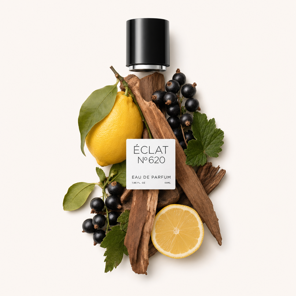 Un arrangiamento di limone, ribes nero e bastoncini di legno forma lo sfondo per il tappo di ÉCLAT Citrus Woods con etichetta.