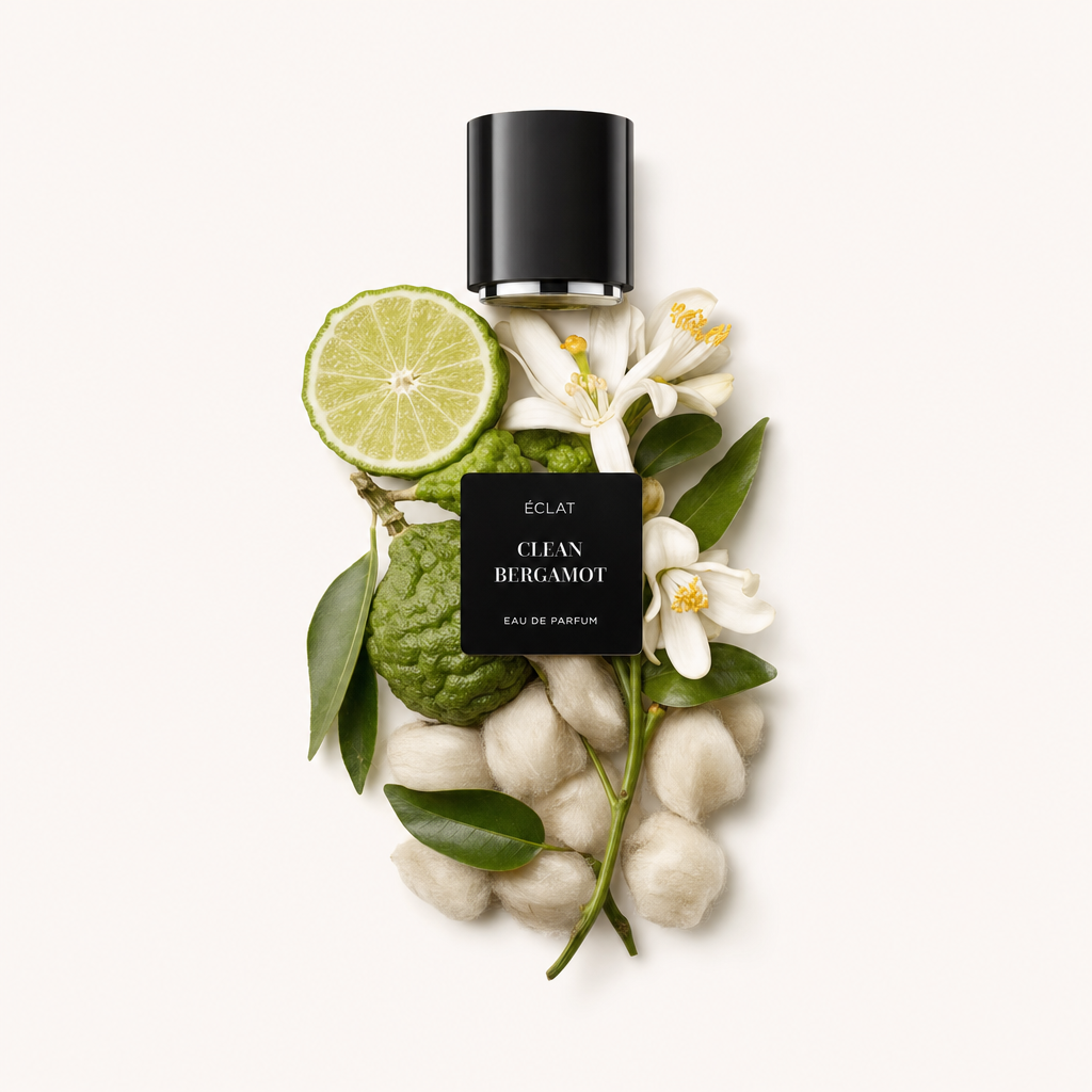 Una composizione di fette di bergamotto fresco, foglie verdi vibranti e delicati fiori bianchi circonda un tappo nero con etichetta ÉCLAT Clean Bergamot.