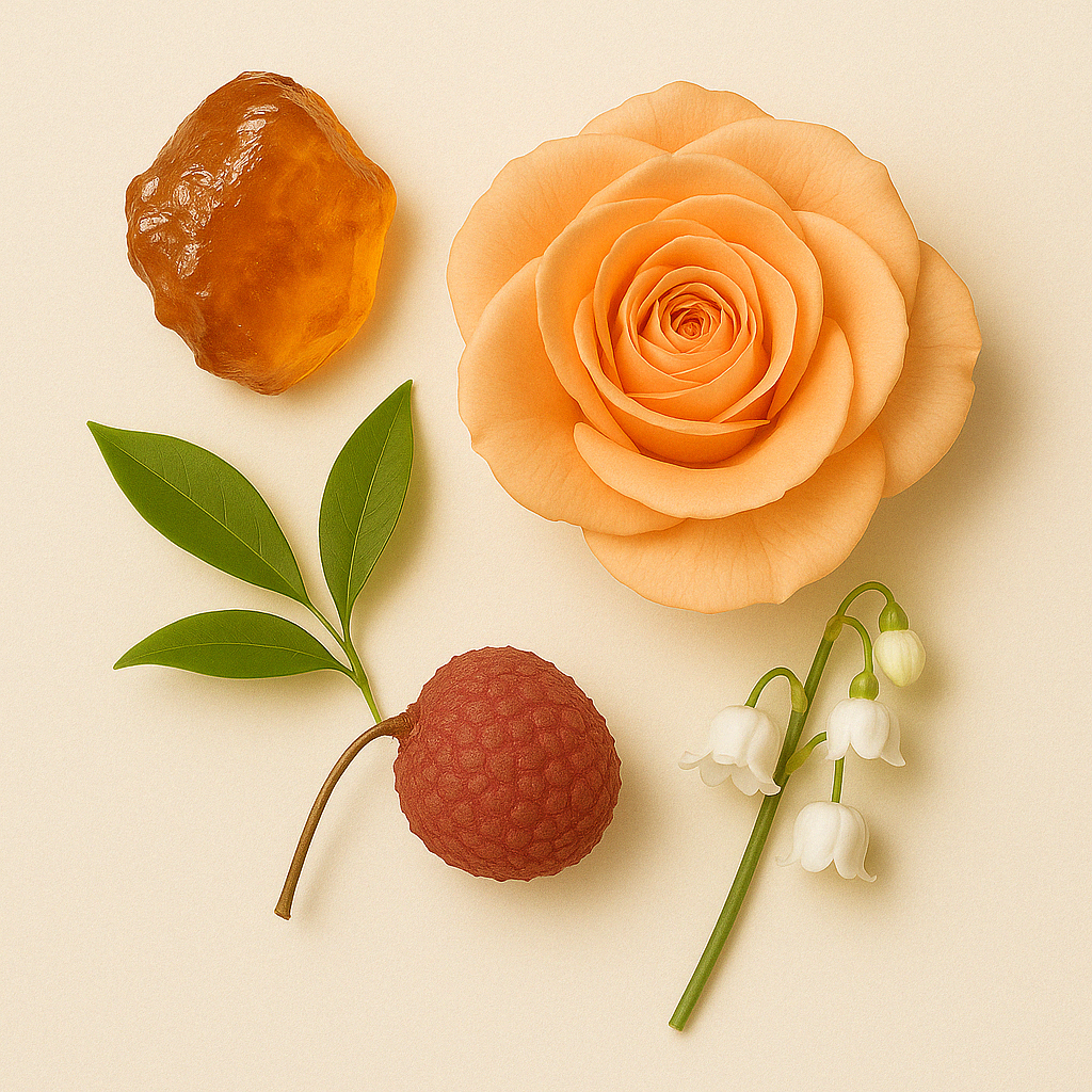 Una composizione con una rosa pesca, resina d'ambra, litchi, foglie verdi e mughetto su sfondo beige.