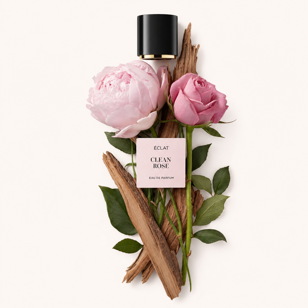 Un insieme di peonia rosa e rosa rosa intrecciate con foglie verdi e bastoncini di legno, adornato con il tappo nero originale con etichetta ÉCLAT Clean Rose.