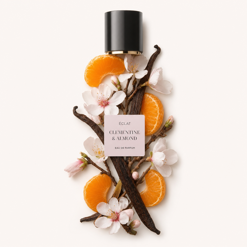 Una composizione di fette di clementina, fiori di mandorlo e baccelli di vaniglia circonda un tappo nero con etichetta per ÉCLAT Clementine & Almond.