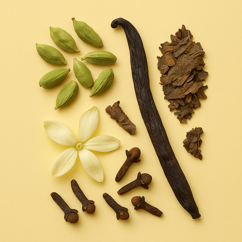 Una bacca di vaniglia, chiodi di garofano, baccelli di cardamomo, un fiore bianco e pezzi di legno essiccato su una superficie gialla chiara.