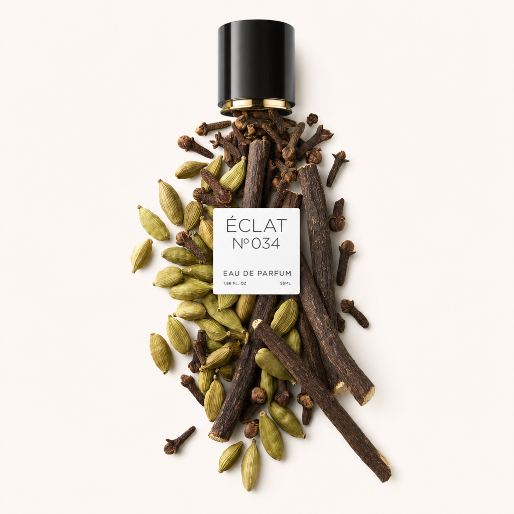 Un elegante arrangiamento di baccelli di cardamomo e chiodi di garofano circonda un tappo nero con etichetta, mettendo in risalto ÉCLAT Cloves & Cardamom.