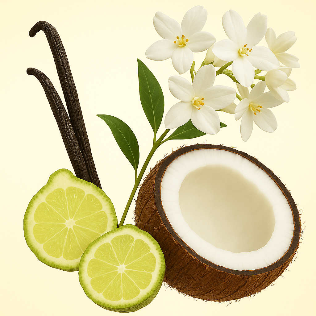 Una composizione di cocco, fiori di gelsomino, fette di lime e baccelli di vaniglia che rappresentano la fragranza ÉCLAT Coconut & Jasmine.