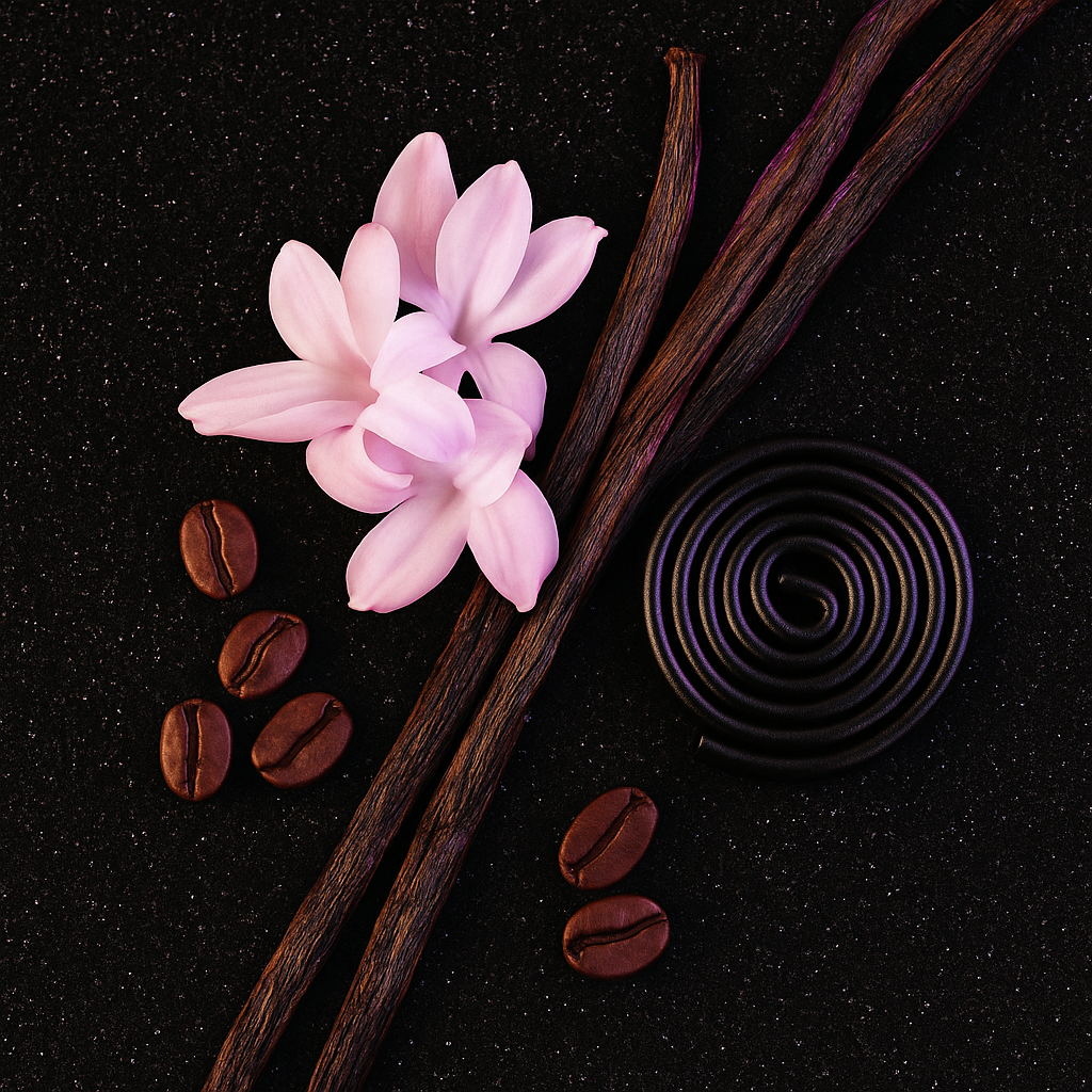 Fiori rosa, baccelli di vaniglia scuri, chicchi di caffè e una spirale nera su una superficie nera strutturata.