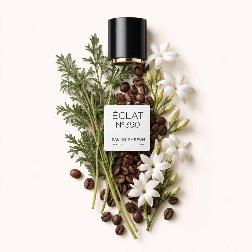 Un arrangiamento di foglie di assenzio, chicchi di caffè e fiori di gelsomino circonda un tappo nero con etichetta per ÉCLAT Coffee & Absinthe.
