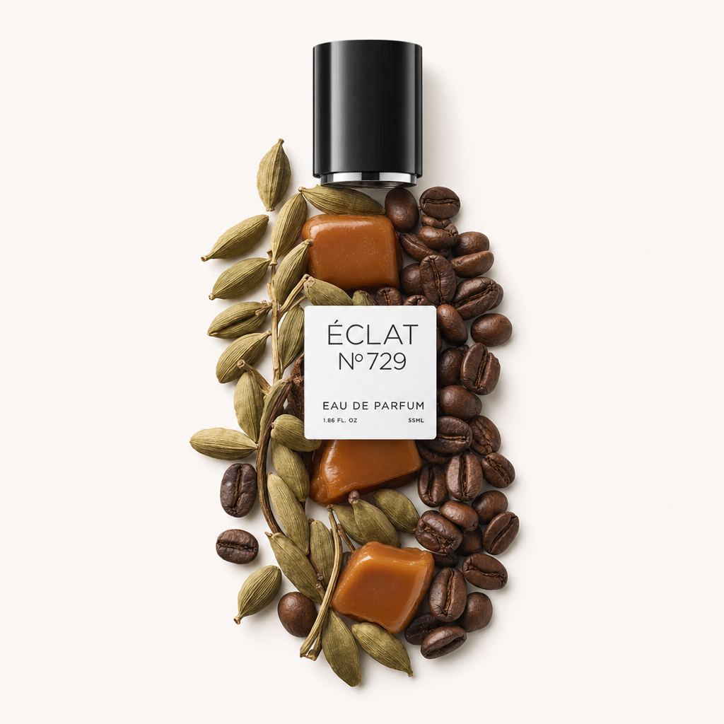 Una natura morta meticolosamente disposta di baccelli di cardamomo, chicchi di caffè e quadri di caramello circonda un tappo nero con etichetta di ÉCLAT VIP - Coffee & Cardamom.