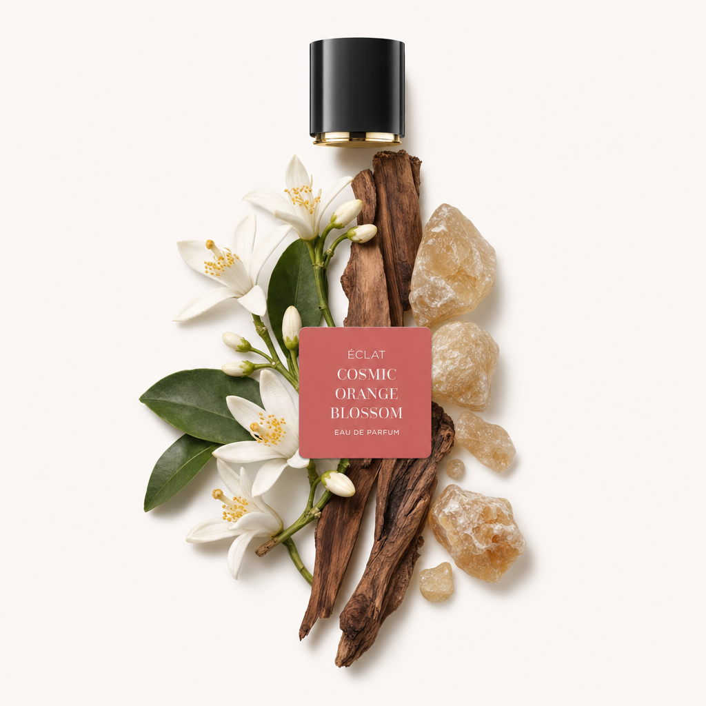 Una composizione di fiori d'arancio, pezzi di legno e schegge di resina circonda un tappo nero con etichetta per ÉCLAT Cosmic Orange Blossom.