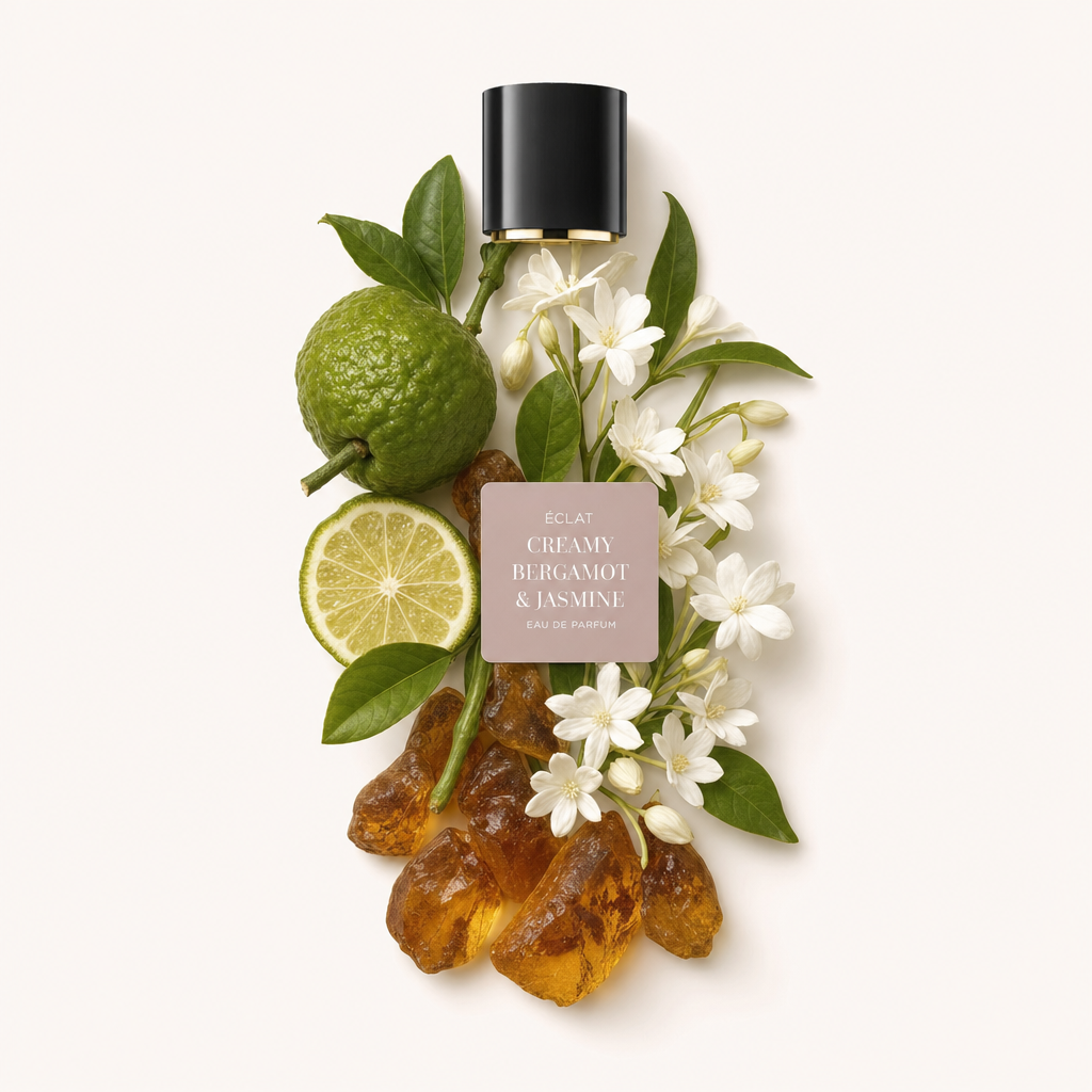 Un arrangiamento di bergamotto, fiori di gelsomino e pietre d'ambra circonda un tappo nero con etichetta ÉCLAT Creamy Bergamot & Jasmine.