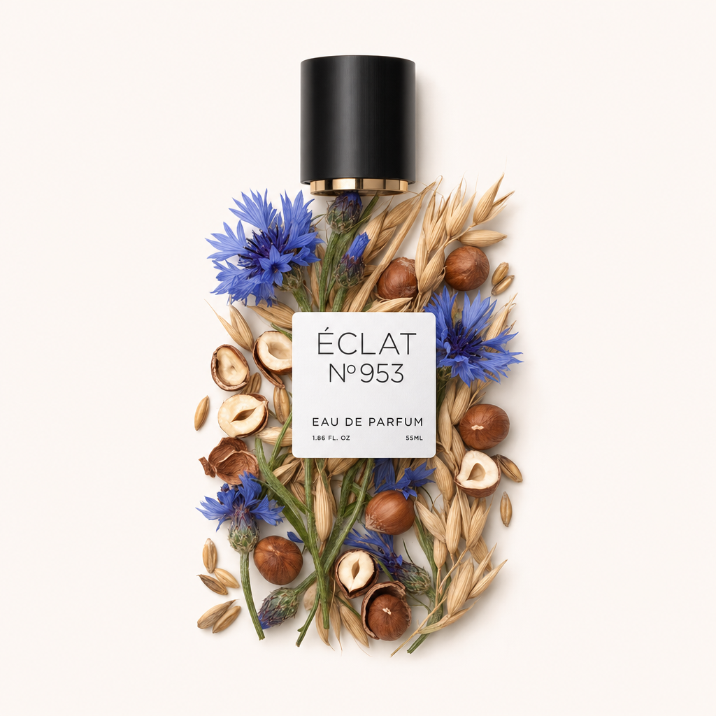 Un arrangiamento di fiordalisi blu e nocciole circonda un tappo nero con un accento dorato, mostrando l'etichetta ÉCLAT Creamy Cornflower.