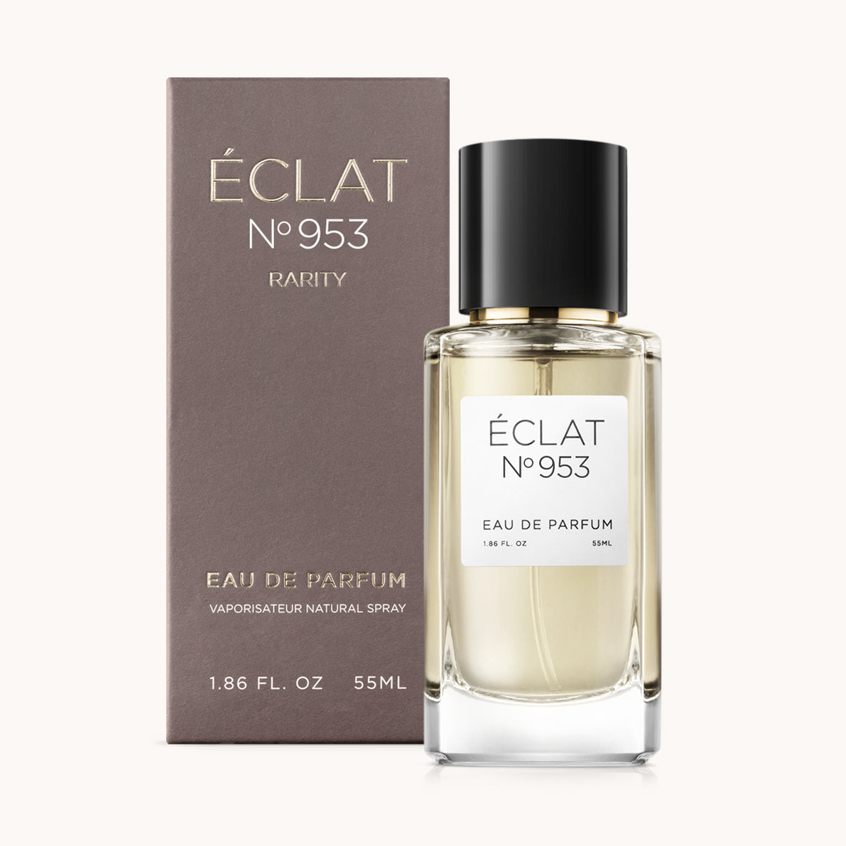 ÉCLAT Creamy Cornflower in un flacone di vetro sfaccettato con tappo nero, accanto a una scatola marrone opaca.