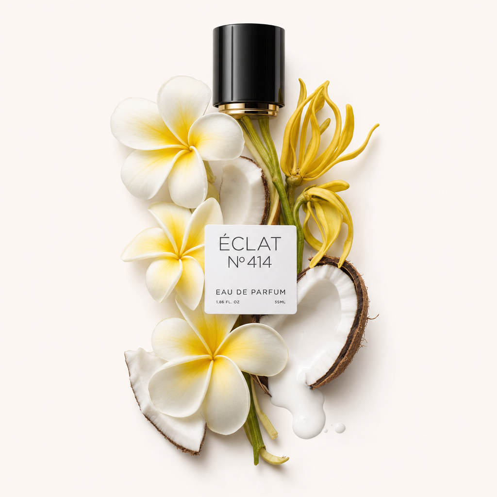 Un arrangiamento di fiori di frangipane cremosi, ylang-ylang e metà di cocco aperte circonda un tappo nero con etichetta ÉCLAT.