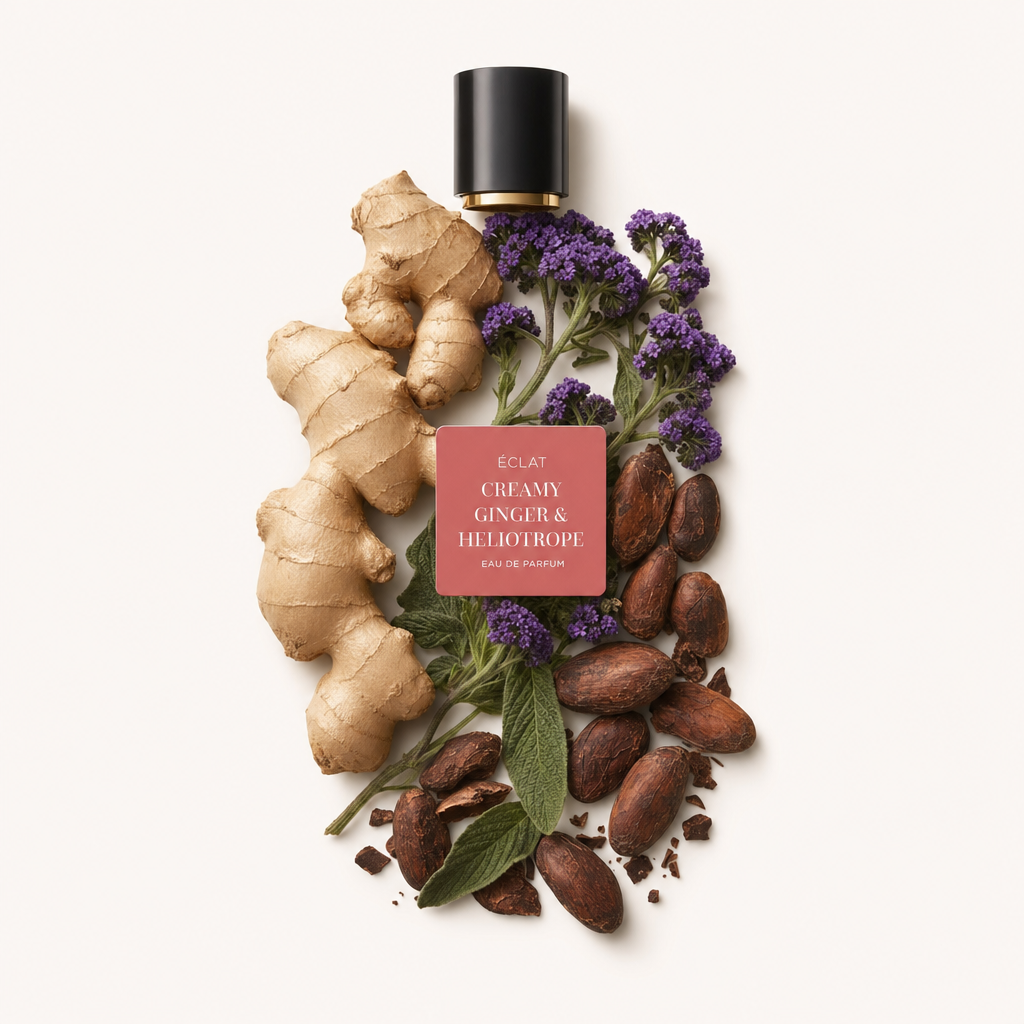 Un arrangiamento di radice di zenzero, fiori di eliotròpio viola e fave di cacao con un tappo nero etichettato ÉCLAT Creamy Ginger & Heliotrope.