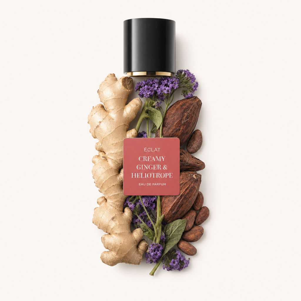 Una composizione di zenzero, baccelli di cacao e fiori di eliotropio circonda un tappo nero con etichetta per ÉCLAT Creamy Ginger & Heliotrope.